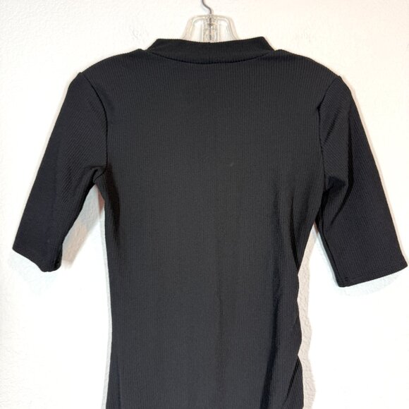 Zara Black Midi Dress Short Sleeve Side Ruched Ribbed Mock Neck Small - Picture 6 of 9